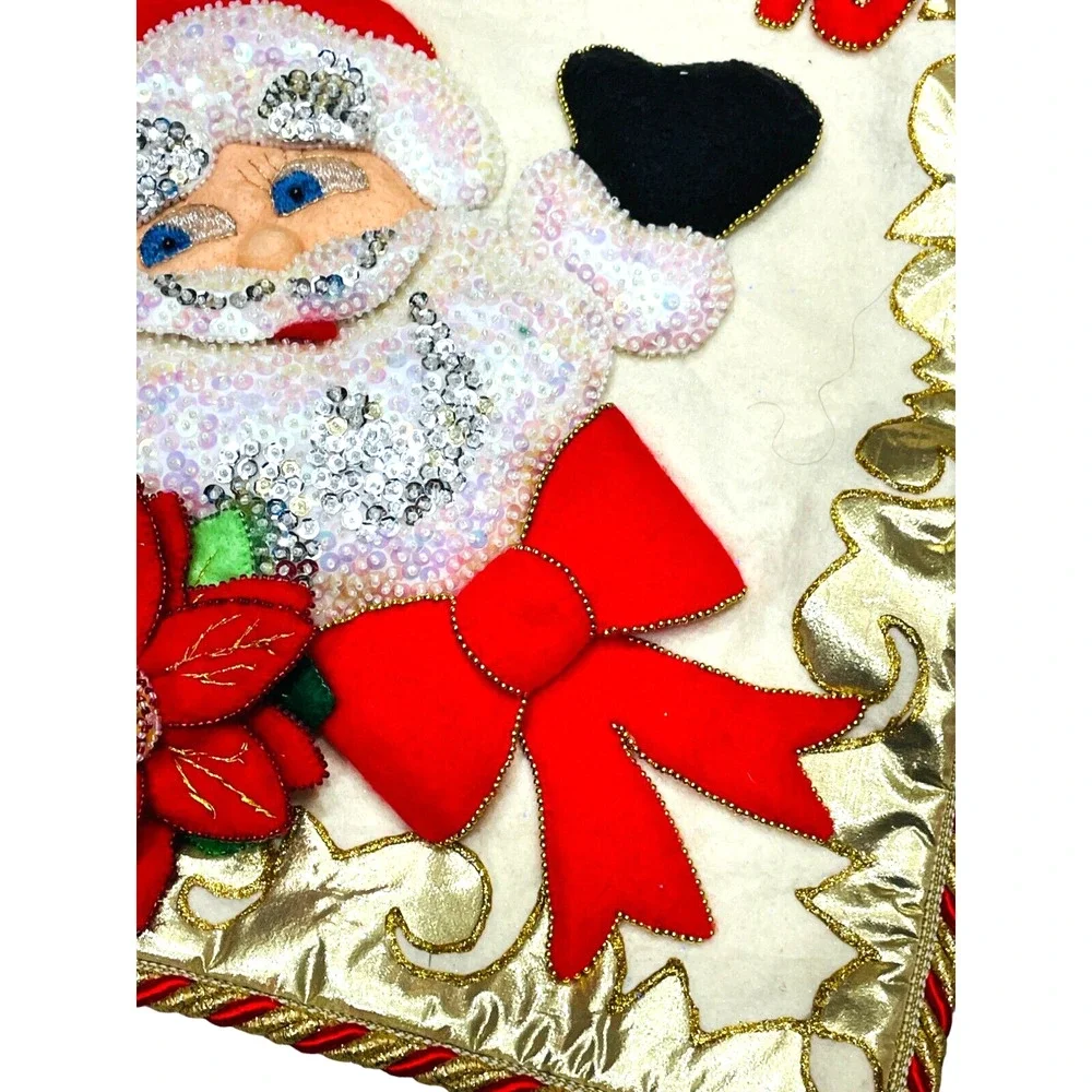 Vtg Ho Ho Ho Embroidered Sequin Santa Claus Pillow Case Handmade Festive